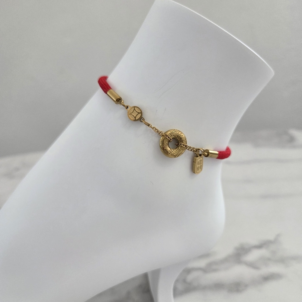 Adjustable Lucky Red Cord & Gold Charm Anklet - Picture 3 of 12